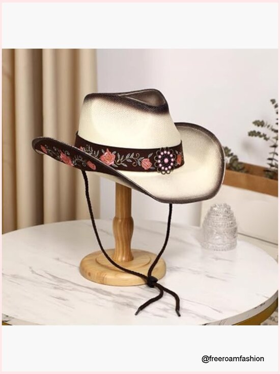 Classic Woven Straw Cowboy Hat with Embroidered Peony Design, Adjustable Fit main image 4